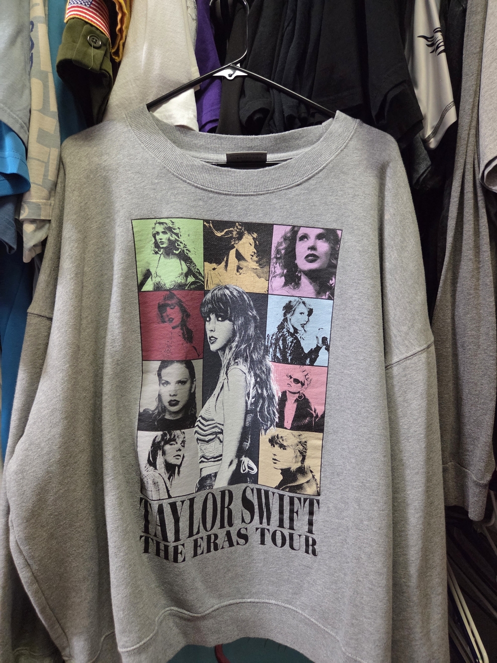 Taylor Swift Gray Crewneck Sweater with Multicolor Pop-Art Panels